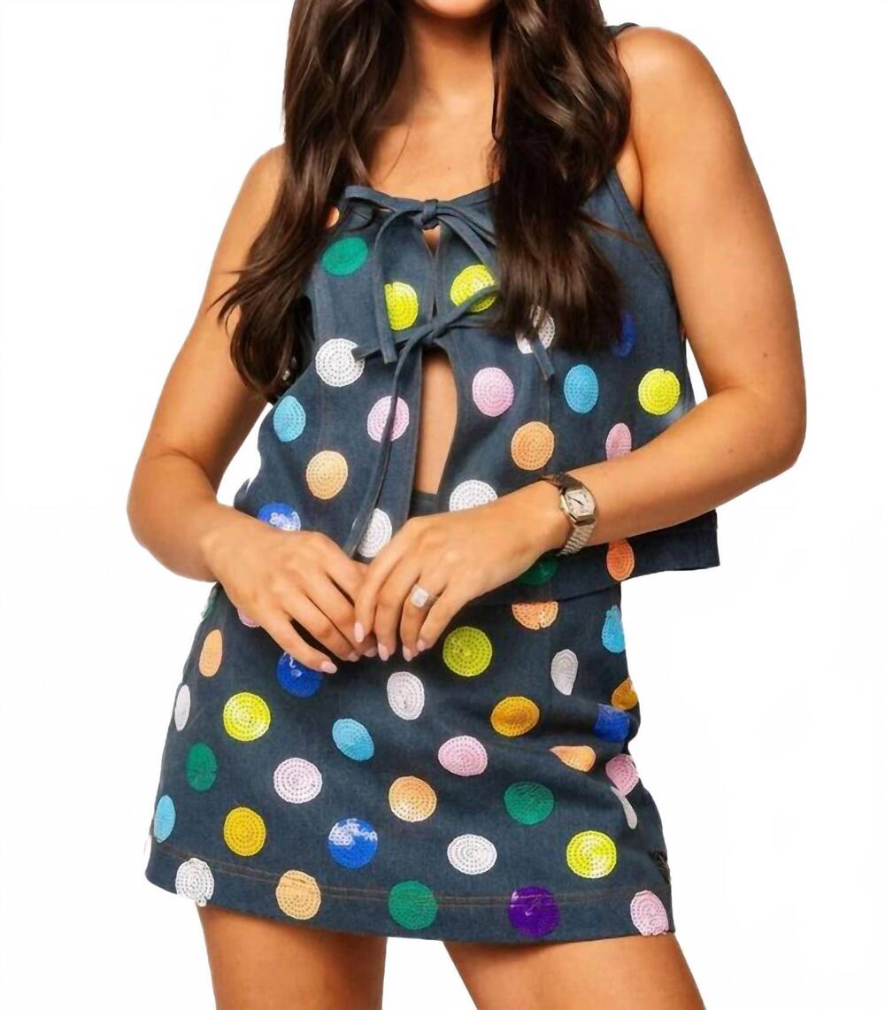 NEW QUEEN OF SPARKLES polka dot tie tank top in denim multi